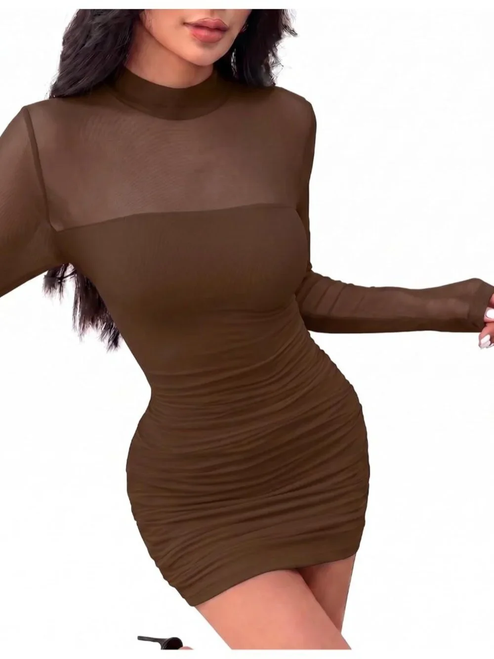 👗 Women's Brown Mesh Sheer Long Sleeves Dress Ruched Bodycon Mock Neck Dress